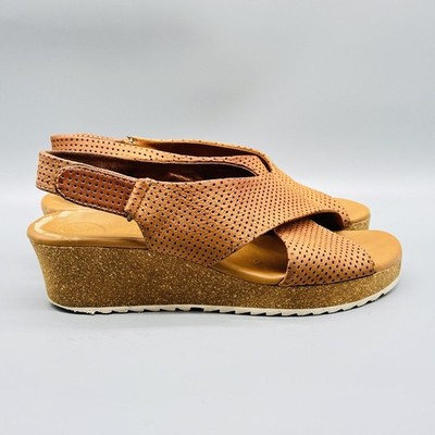 Paul Green Sandals Womens 7 Brown Leather Slingback Wedge Perforated Strap Shoes