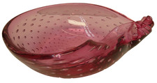 VINTAGE PINK CONTROL BUBBLE FREE FORM CORNUCOPIA SHAPED ART GLASS BOWL
