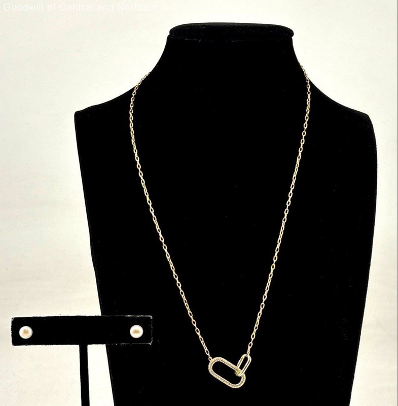 925 Sterling/Vermeil Pearl Stud Earrings & 16.5-18.5" CZ Pendant Necklace 4.9g
