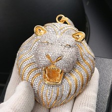 3D Lion Head Pendant 6.50CT Brilliant Cut Moissanite Iced 925 Silver Gold Plated