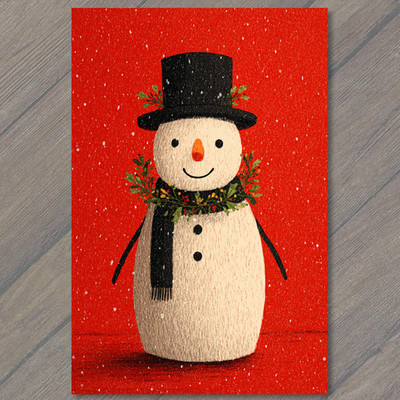 ART CARD Snowman Red Background Black Scarf Top Hat Carrot Nose Green Wreath Fe