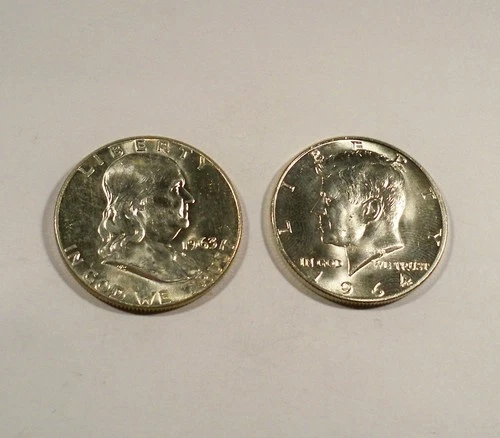 1963-D & 1964-D LOT OF 2 BU HALF DOLLARS FRANKLIN & KENNEDY SILVER 0.7233 oz 50c
