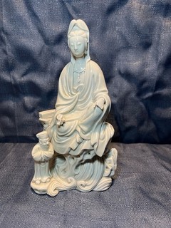 Chinese Blanc De Chine Style Guanyin Kwan Yin Porcelain Figure w/ Shancai 10”
