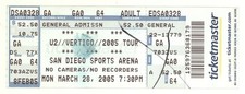 U-2 3/28/05 San Diego CA Sports Arena Full Rare Ticket! U2 Bono