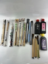 Lot of  Japanese Calligraphy Brushes  Inks Most New Stainless Paperweights Daiso