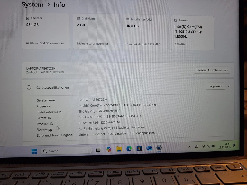 ASUS ZenBook 14 UX434FL Intel Core I7  mit schöner Tasche und original Netzteil - Bild 2 von 4