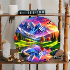 2D Flat,1pc 7,87-Inch Round Aluminum Carved Wall Art - Vibrant Mountain Lake Sun