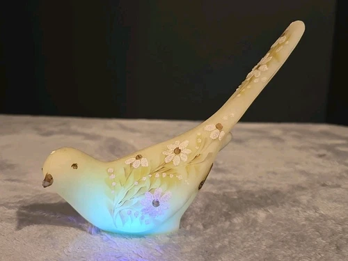 Fenton Custard Uranium Glass Bird Happiness Hand Painted Artist Signed Chipped