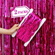 2 Pcs Hot Pink Metallic Tinsel Foil Fringe Curtains Backdrop, 3.28 Ft X 6.56 Ft