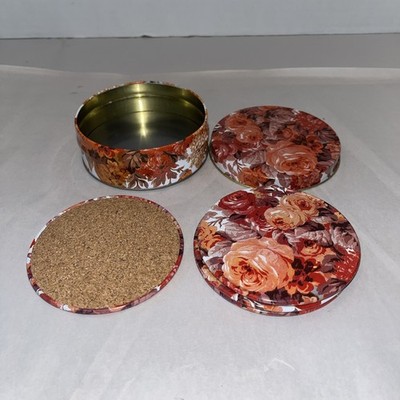 Vintage Floral Tin Coaster Set W/Storage Box Roses Red Orange Metal Cork Back