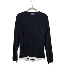 MAGASCHONI 100 Cashmere Black Cable Knit Sweater Size S Contrast Hem