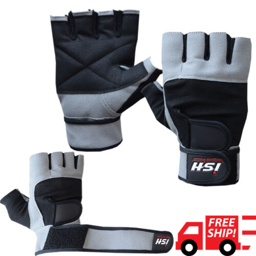 Grip Weight Lifting Gloves Gym Power Training Fitness Leather with Wrist Straps - Picture 1 of 5