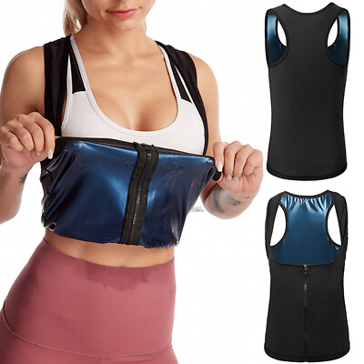 Women's Zipper Heat Trapping Sauna Sweat Shirt Vest Weight Loss Polymer Tank Top