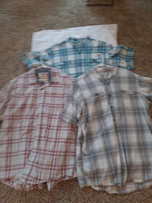 3 Ea Red Head Men Plaid Shirt Buttons Collars Short Sleeve Pockets XL Plaid Prin