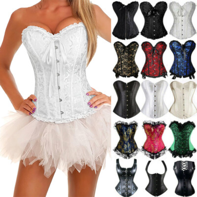 Women Boned Lace Up Overbust Burlesque Corset Bustier Top Waist Cincher Training