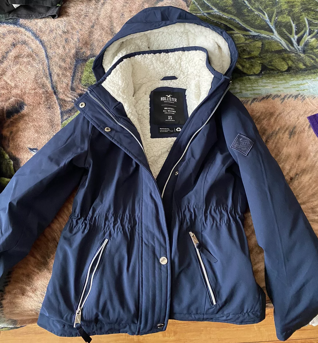 Hollister femme X petite veste à capuche tout temps parka marine manteau  doublé