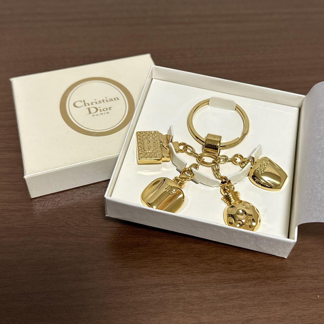 Christian Dior keychain charm key ring gold perfume shape With Box 
