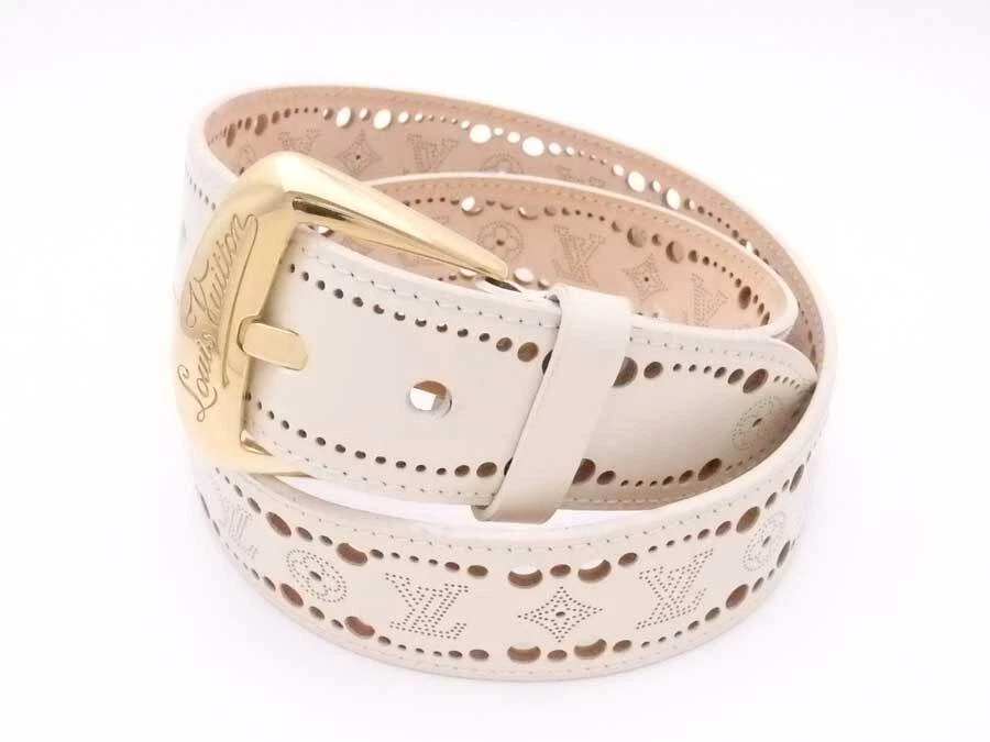 Auth LOUIS VUITTON Saint Tulle Belt Off White/Gold Leather/Metal M9680  e54969f