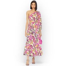 Misa Mahika Maxi Dress XS Floral Multicolor One Shoulder Adjustable Waist Tie