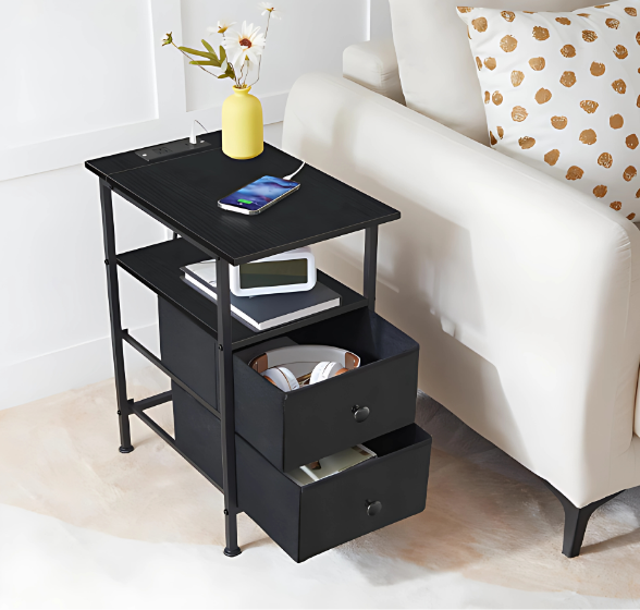 Narrow End Table with 2 Fabric Drawers and Built-In Charging Station