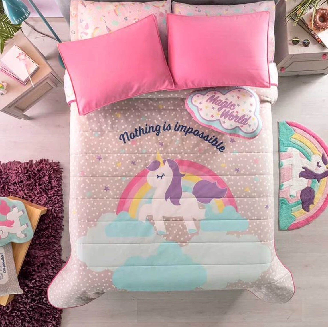 UNICORN TEENS KIDS GIRLS REVERSIBLE BEDDING BED IN A BAG SET 4 PCS