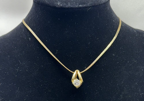 Vintage Lind 14K GF Necklace 2 CT CZ   Pendant 24” Estate Jewelry Costume