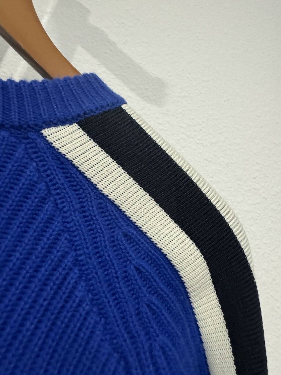 Tory Burch 100% Wool Striped Sleeve Crewneck Blue Val Sweater Sz S