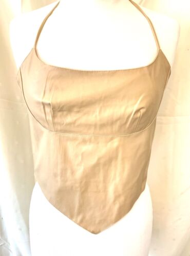 Cream beige faux leather PVC triangle halter neck tie corset style top - S / M - Afbeelding 1 van 7