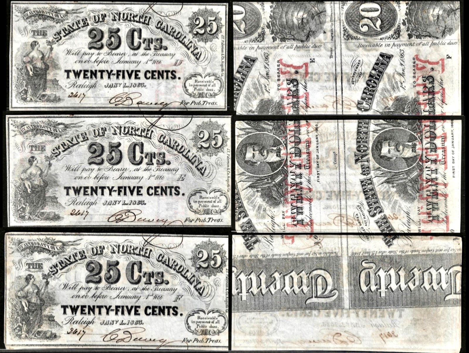 Cut Sheet Of (20) Jan 1, 1863 Raleigh NC State of North Carolina 25¢ S/N 2617