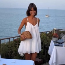 Sexy Chiffon Pleated Flared Hem Cami Mini Dress V Neck Backless Sleeveless Flowy