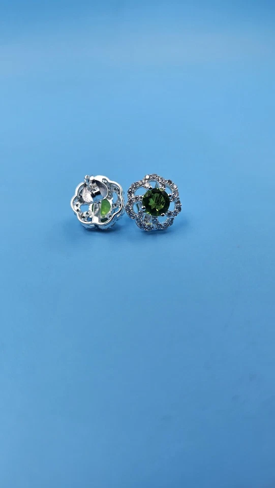 Round Cut Lab Created Peridot Stud Earrings 14K White Gold Plated Halo Studs - Image 2 of 4