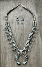 Navajo Sterling Silver Handmade Squash Blossom Kingman Turquoise Necklace - Sale