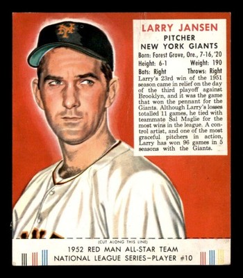 1952 Red Man NL w Tab #10 Larry Jansen   VG J3633221