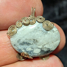 Handcrafted Wire Wrapped Oval White Gray Stone Pendant Silver Tone Bohemian