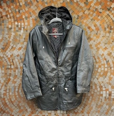GLOBAL IDENTITY G-lll 80s Black Leather Parka Jacket Women S Hooded Cinch Waist