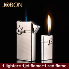Jobon Two Flames Windproof Blue Jet Flame + Red Flame Lighter Metal Gas Inflat