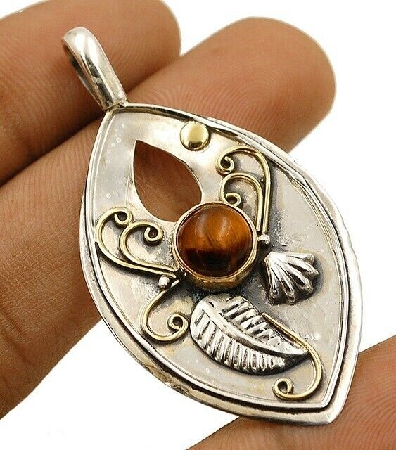 Tiger Eye Africa Two Tone 925 Sterling Silver Pendant