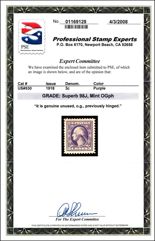 Scott 529 - 3 Cents Washington - OG MH - PSE Cert 98J - SCV - $85.00 - Image 3 of 3