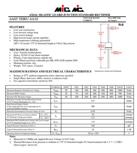 MIC 6A10 6 AMPERE (6 A) 1000 V (1 KV) Gleichrichterdiode Solarpanel USA Verkäufer ((20 Stück)) - Bild 4 von 6