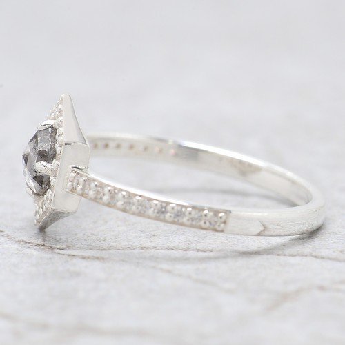 0.39 Ct Hexagon Salt And Pepper Diamond Ring 14K White Gold Engagement Gift Ring - Bild 3 von 9