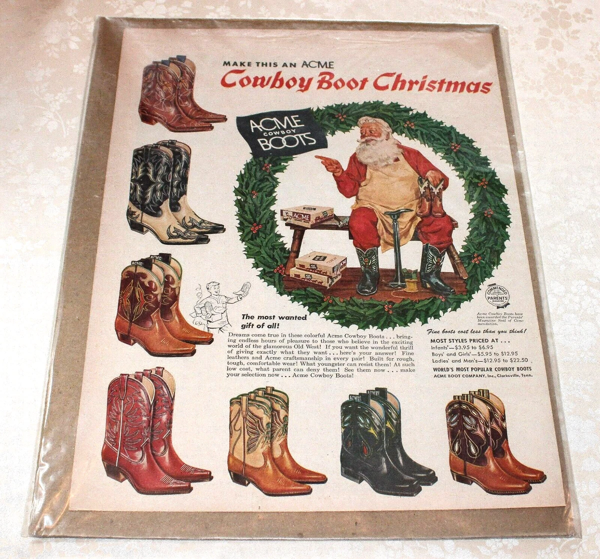5959 Vintage 1940 S ACME COWBOY BOOTS Advertising Print Christmas Santa Claus