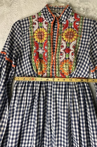Vintage 70s Joseph Magnin Embroidered Gingham Maxi Dress Sz 9 Hippy Cottage Core - Picture 6 of 15