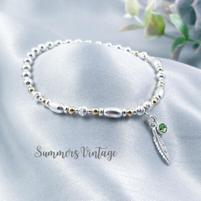 Sterling Silver and Gold Birthstone Feather Charm Bracelet