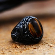 2025 new 316L Stainless Steel Vintage White And Tiger Eye Brown Eye Men's Ring