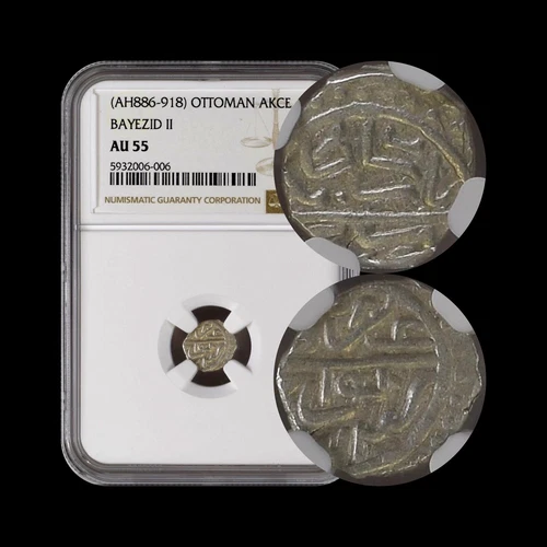 OTTOMAN. 1481, Akce, Silver - NGC AU55 - Bayezid II, Novar, Serbia 006