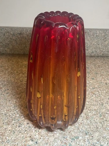 Vintage Murano Art Glass Vase Red Amber Sommerso Bubble Vase 9” Tall