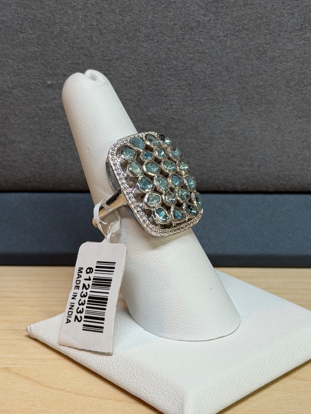 D’JOY 925 Sterling Silver Blue Polki Diamond Statement Ring Size 7.25 NEW