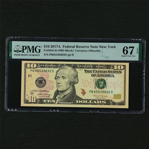 2017A Federal Reserve Note New York 10 Dollars Fr#2045-B PMG 67 EPQ UNC - Picture 1 of 4