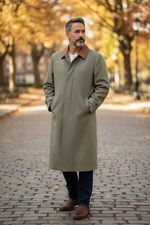 VTG Burberrys Of London Trench Coat Leather Collar SZ 42L Olive Green 100% wool