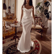 White Satin Mermaid Wedding Dress Asymmetrical Neck 3D Floral Spaghetti Straps